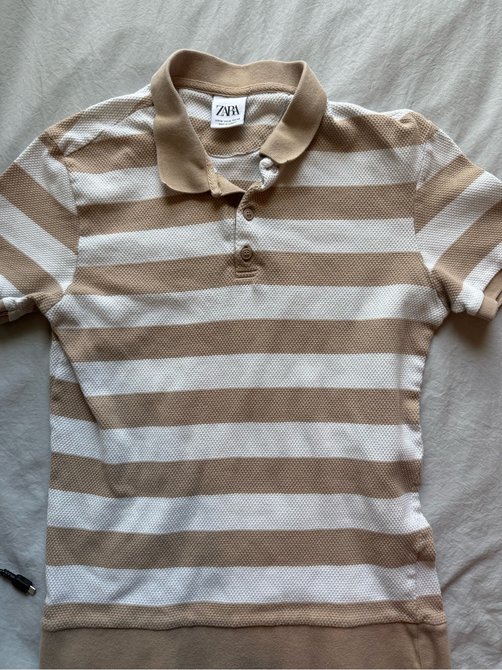 Zara Beige and White Striped Polo Top